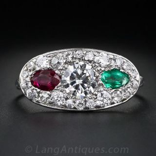 Art Deco Diamond, Ruby and Emerald Ring
