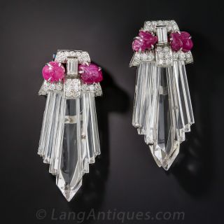 Art Deco Diamond, Ruby and Rock Crystal Clips - 2