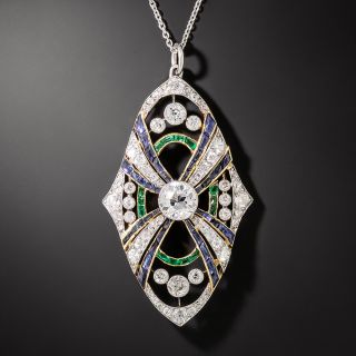 Art Deco Diamond, Sapphire and Emerald Pendant - 3