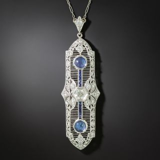 Art Deco Diamond, Sapphire and Moonstone Filigree Pendant Necklace - 2