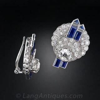 Art Deco Diamond Sapphire and Platinum Earrings