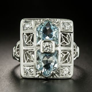 Art Deco Double Aquamarine and Diamond Filigree Ring - 2