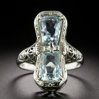 Art Deco Double Aquamarine Filigree Ring By Belais Bros. - 3