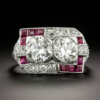 Art Deco Double Diamond and Ruby Ring - GIA - 2
