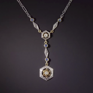 Art Deco Double Diamond and Sapphire Necklace - 1