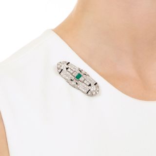 Art Deco Emerald Diamond and Onyx Brooch
