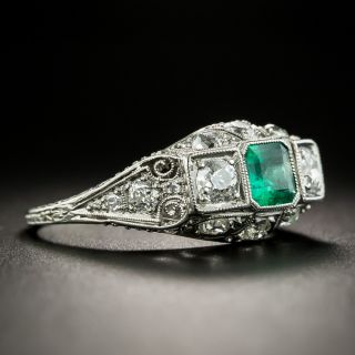 Art Deco Emerald Diamond Platinum Three-Stone Ring
