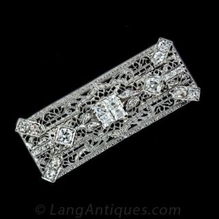 Art Deco French Cut Diamond Filigree Pin - 1
