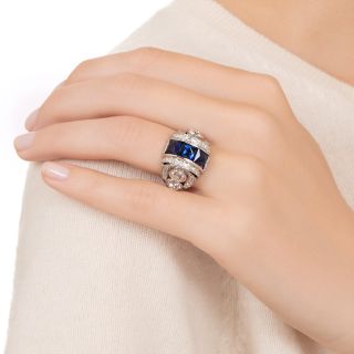Art Deco French-Cut Sapphire and Diamond Ring