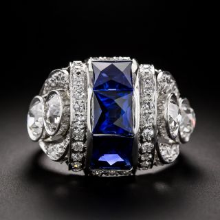 Art Deco French-Cut Sapphire and Diamond Ring - 2