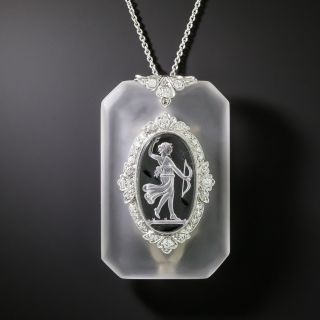 Art Deco Frosted Crystal and Diamond Intaglio Goddess Pendant/Clip - 1