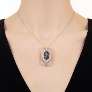 Art Deco Frosted Crystal and Diamond Intaglio Goddess Pendant/Clip