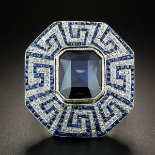 Art Deco Geometric Synthetic Sapphire, Diamond and Calibre Sapphire Ring  - 2