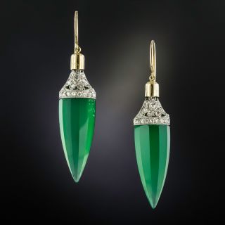 Art Deco Green Chalcedony and Diamond Drop Earrings - 1