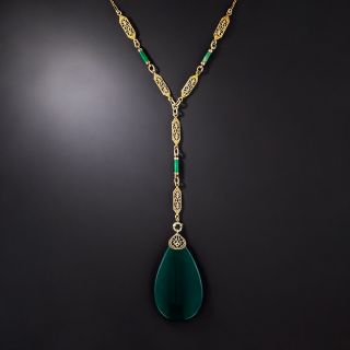 Art Deco Green Chalcedony Pendant with Enamel Chain - 1