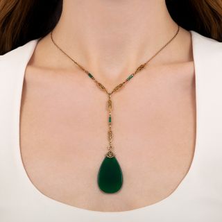 Art Deco Green Chalcedony Pendant with Enamel Chain