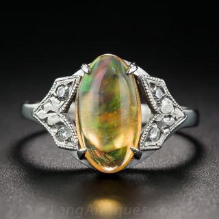 Art Deco Jelly Opal Platinum and Diamond Ring - 1