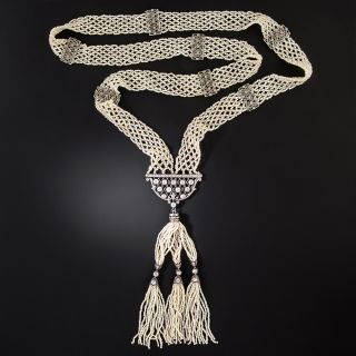 Art Deco Long Woven Natural Pearl and Diamond Sautoir - 2
