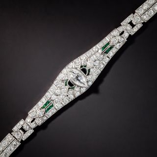 Art Deco Marquise Diamond, Green Glass and Onyx Bracelet - 1