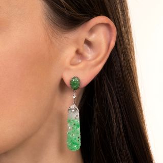 Art Deco Natural Burmese Carved Jade and Diamond Dangle Earrings