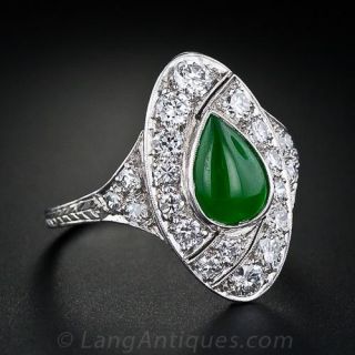 Art Deco Natural Burmese Jade and Diamond Ring - 1