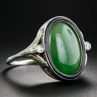 Art Deco Natural Burmese Jade, Enamel, and Diamond Ring