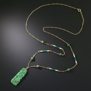 Art Deco Natural Carved Jade Enamel Necklace - 3