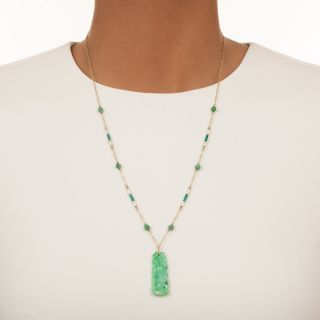 Art Deco Natural Carved Jade Enamel Necklace