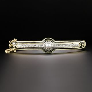 Art Deco Natural Pearl, Diamond and Enamel Bangle Bracelet - 2