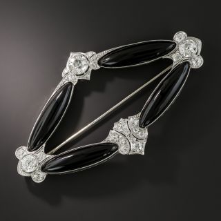 Art Deco Navette Shaped Onyx and Diamond Brooch - 1