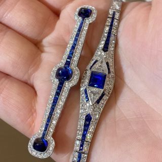 Art Deco No Heat Cabochon Sapphire and Diamond Bar Pin