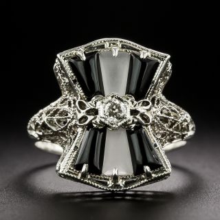 Art Deco Onyx and Crystal Geometric Ring - 3