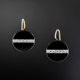 Art Deco Onyx and Diamond Button Earrings  - 2
