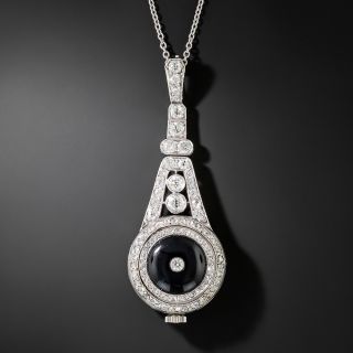 Art Deco Onyx and Diamond Pendant Watch - 4
