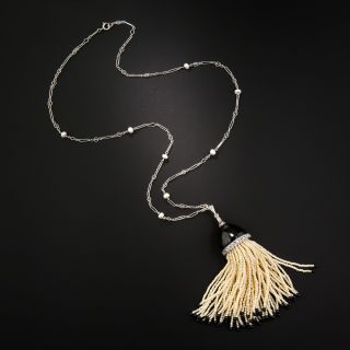 Art Deco Onyx and Pearl Tassel Necklace - 1