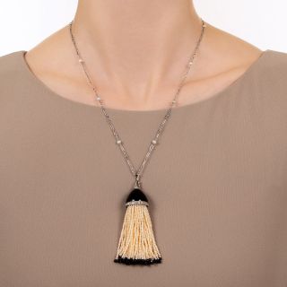 Art Deco Onyx and Pearl Tassel Necklace