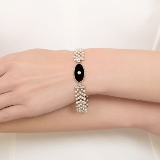 Art Deco Onyx, Diamond and Pearl Bracelet