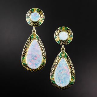 Art Deco Opal and Enamel Dangle Earrings - 2