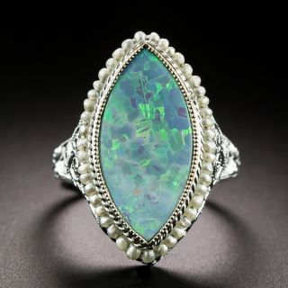 Art Deco Opal and Seed Pearl Filigree Ring by J.J. White - 2