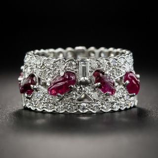 Art Deco Platinum Carved Ruby and Diamond Eternity Band -  Size 6 1/2