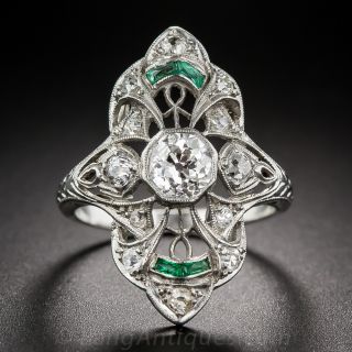 Art Deco Platinum Diamond and Emerald Dinner Ring