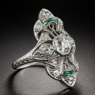Art Deco Platinum Diamond and Emerald Dinner Ring