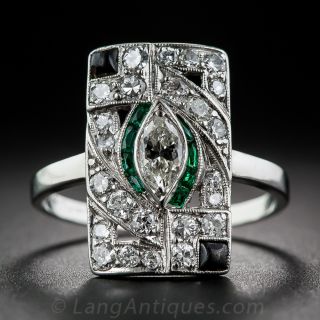 Art Deco Platinum Diamond and Emerald-Green Glass with Onyx Dinner Ring