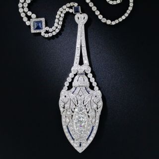 Art Deco Platinum Diamond and Sapphire Lavaliere Necklace - 1