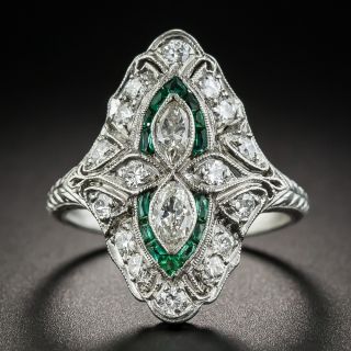 Art Deco Platinum Diamond Dinner Ring with Green Calibre 