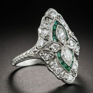 Art Deco Platinum Diamond Dinner Ring with Green Calibre 