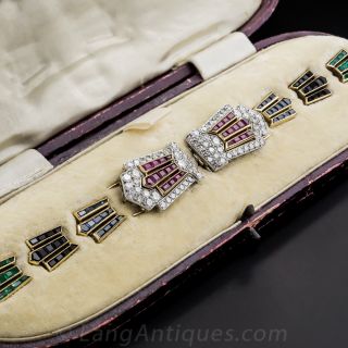 Art Deco Platinum, Diamond, Sapphire, Ruby, Emerald and Onyx Clips