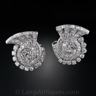 Art Deco Platinum Swirl Diamond Ear Clips - 1