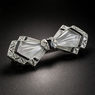 Art Deco Rock Crystal, Black Enamel and Diamond Bow Tie Pin  - 2
