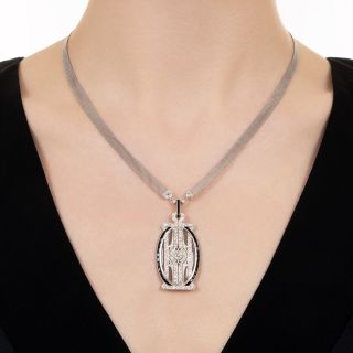 Art Deco Rock Crystal, Onyx and Diamond Necklace with Mesh Chain
